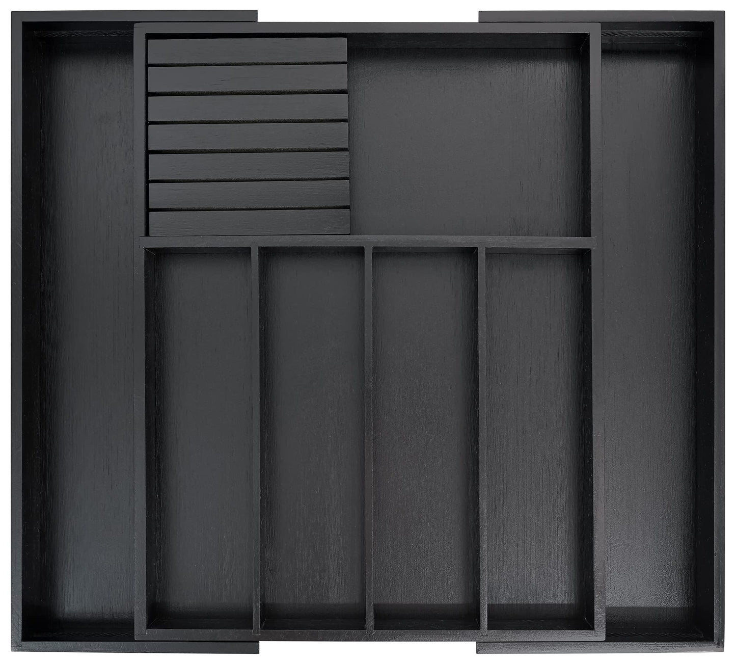 VaeFae Bamboo Silverware Drawer Organizer Kitchen, Expandable Utensil Organizer with Knife Block, Cutlery Tray with Divider, Multifunctional Wooden Drawer Organizer (Black)