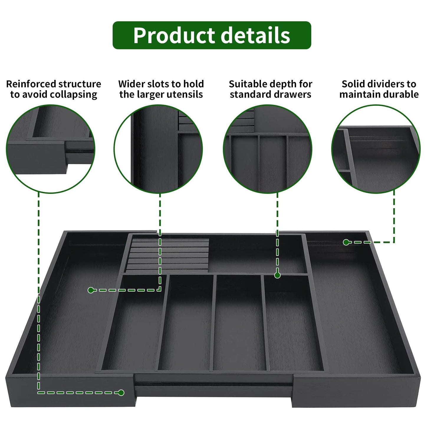VaeFae Bamboo Silverware Drawer Organizer Kitchen, Expandable Utensil Organizer with Knife Block, Cutlery Tray with Divider, Multifunctional Wooden Drawer Organizer (Black)