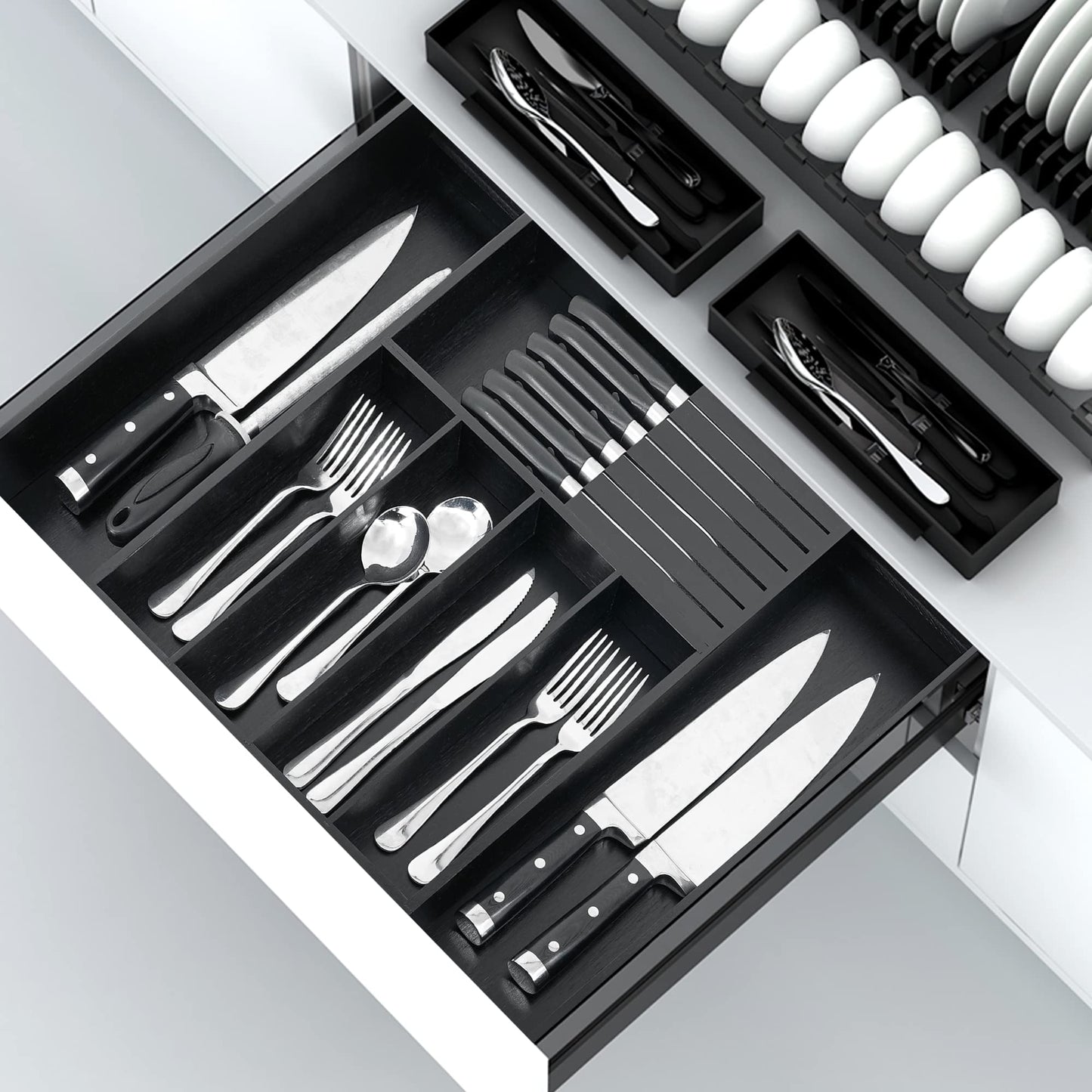 VaeFae Bamboo Silverware Drawer Organizer Kitchen, Expandable Utensil Organizer with Knife Block, Cutlery Tray with Divider, Multifunctional Wooden Drawer Organizer (Black)