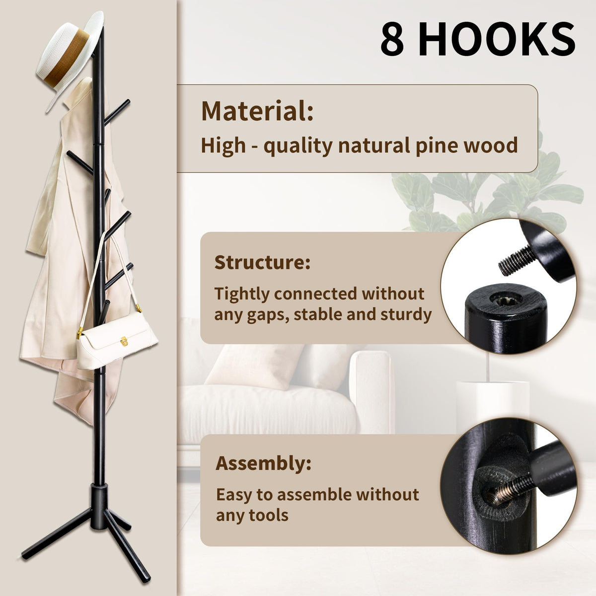 VaeFae Bamboo Free Standing Hall Tree Coat Rack with 8 Hooks