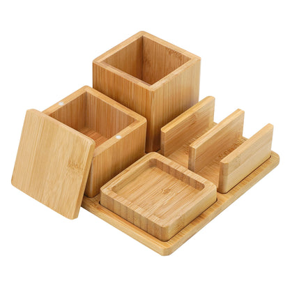 Bamboo Desk Organizer Set Desktop Storage 5P